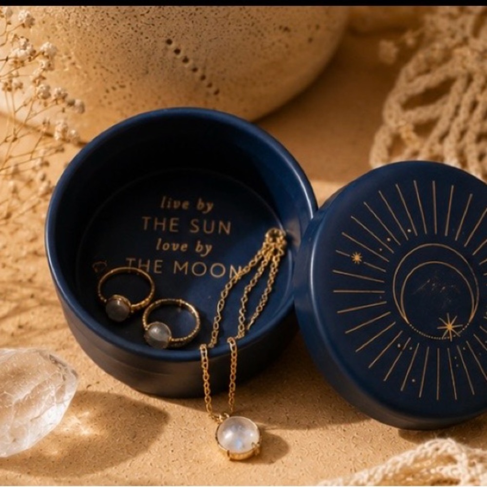 Fringe Celestial Trinket Box Moon & Stars Jewelry Holder Navy Blue Gold